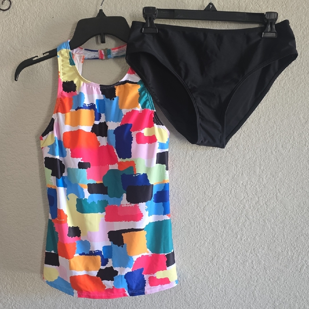 Multicolor Brushstroke Tankini Top with Black Bottoms